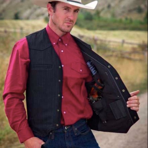 WYOMING TRADERS MENS RANGER CONCEALED CARRY PINSTRIPE WOOL VEST - BLACK - Picture 1 of 9